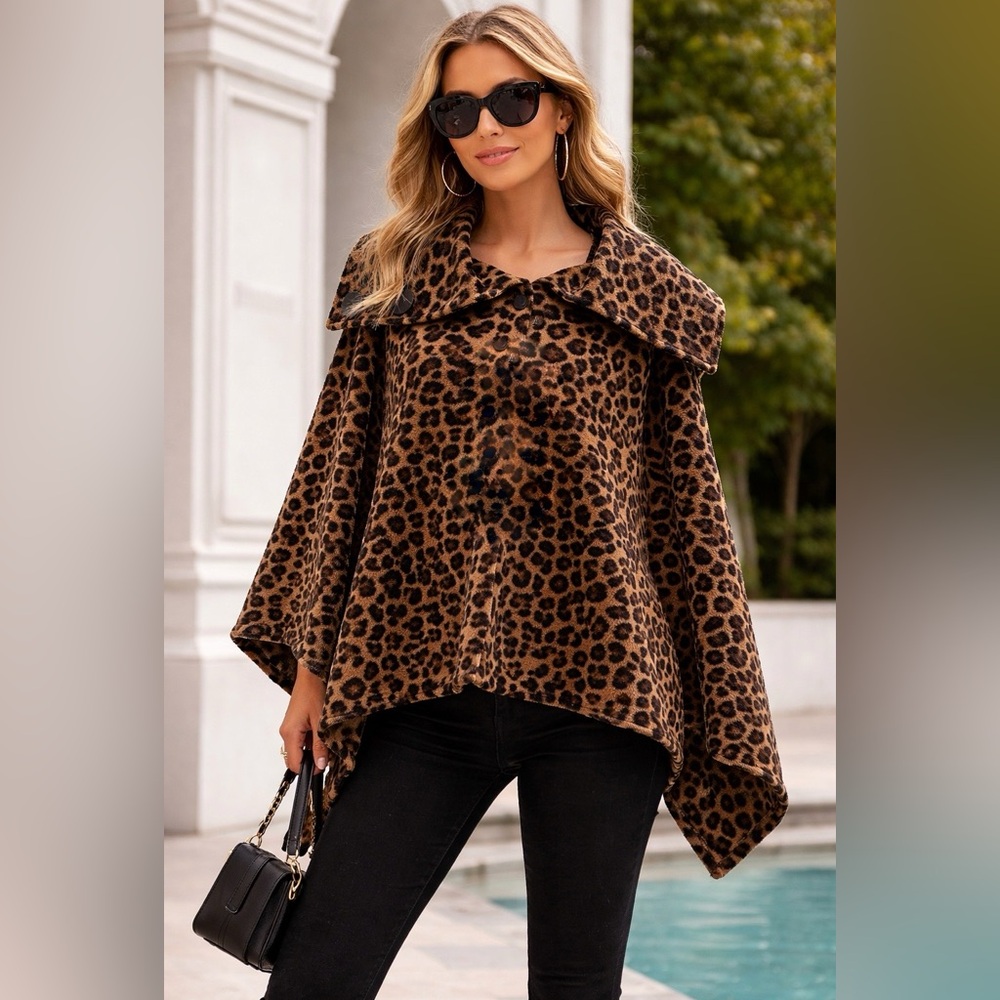 Le Moda Brown Leopard Two Button Soft Material Poncho